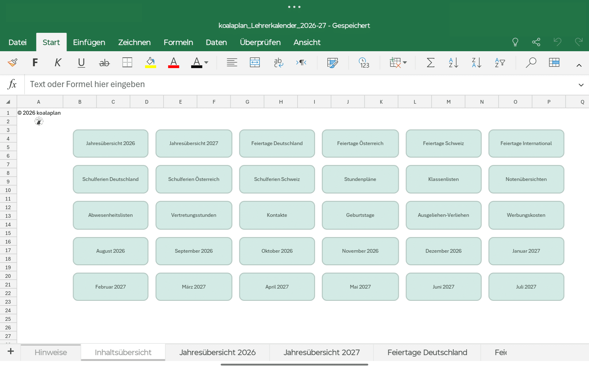 Lehrerkalender 2026/2027 digital MS Excel